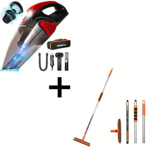 Portable Car Vacuum Cleaner with LED Lights & 2-in-1 Window Cleaning Tool with Extendable Handle