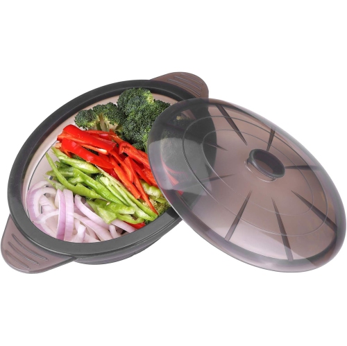 Microwave Steamer Cooker Collapsible Bowl-Silicone Steamer Cookware with Handle Lid for Vegetables Fish Prep Meal Food with Removable Rack BPA Free,