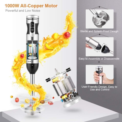 YISSVIC Hand Blender Mixer 1000W Immersion Blender with 9 Speed and Turbo Mode Handheld Stick Mixer, Beaker, Chopper