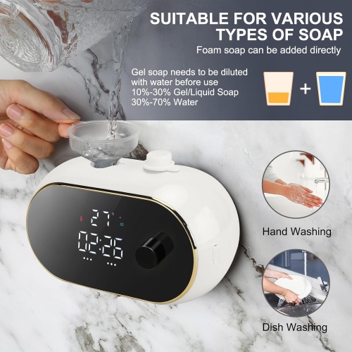 Automatic Soap Dispenser Foam Machine,Wall Mount Rechargeable Touchless Adjustable Auto Smart Electric Foaming Soap Dispenser with Clock for Kitchen