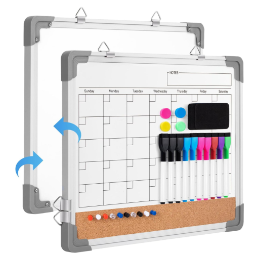 Monthly Calendar White Board Dry Erase Cork Board Combination for Wall, 17''x13'' Double-Sided Magnetic Dry Erase Board, Portable Calendar Bulletin