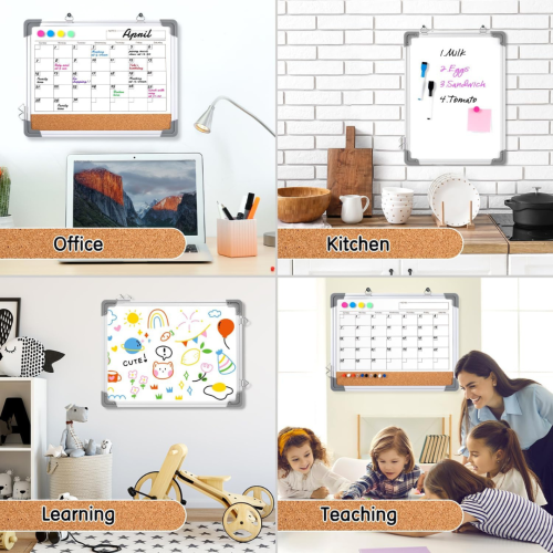 Monthly Calendar White Board Dry Erase Cork Board Combination for Wall, 17''x13'' Double-Sided Magnetic Dry Erase Board, Portable Calendar Bulletin