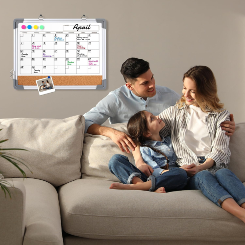 Monthly Calendar White Board Dry Erase Cork Board Combination for Wall, 17''x13'' Double-Sided Magnetic Dry Erase Board, Portable Calendar Bulletin