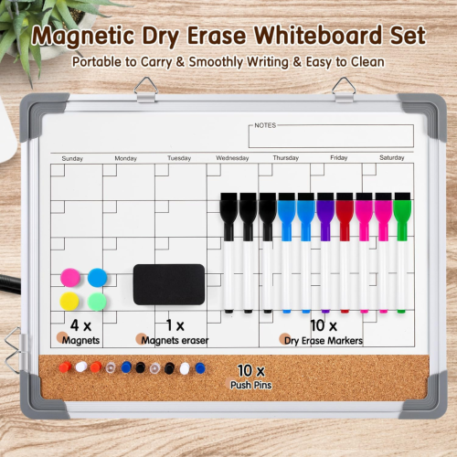 Monthly Calendar White Board Dry Erase Cork Board Combination for Wall, 17''x13'' Double-Sided Magnetic Dry Erase Board, Portable Calendar Bulletin