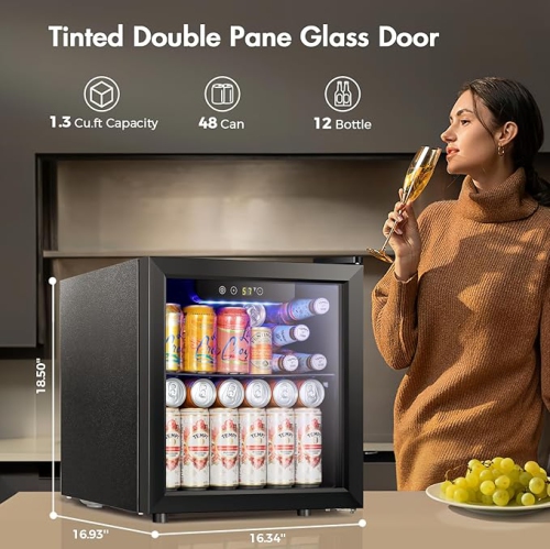 Kismile 1.3 Cu.ft Beverage Refrigerator and Cooler, 12 Bottle 48 Can Mini Fridge Glass Door, Small Drink Dispenser Cooler for Home, Office, Bar -