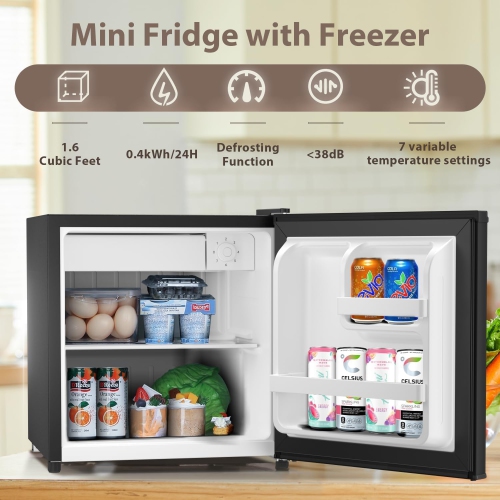 Kismile Mini Fridge with Freezer, 1.6 Cu.ft Compact Refrigerators with Removable Shelves, Reversible Single Door Small Fridge for Apartment, Home,