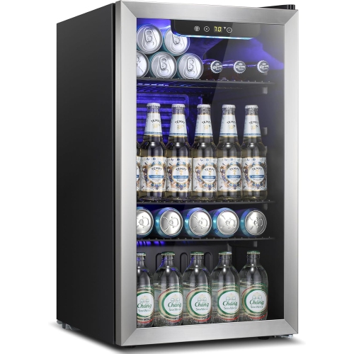 Kismile 3.2 Cu. ft Beverage Refrigerator and Cooler, 130 Can Mini Fridge Glass Door, Digital Temperature Display for Soda, Beer or Wine, Small Drink