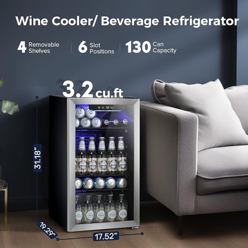 Kismile 3.2 Cu. ft Beverage Refrigerator and Cooler, 130 Can Mini Fridge Glass Door, Digital Temperature Display for Soda, Beer or Wine, Small Drink