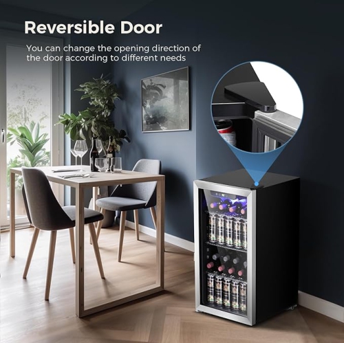 Kismile 3.2 Cu. ft Beverage Refrigerator and Cooler, 130 Can Mini Fridge Glass Door, Digital Temperature Display for Soda, Beer or Wine, Small Drink