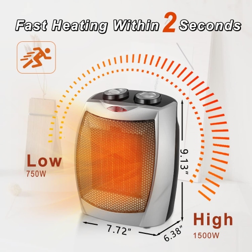 Kismile Small Space Heater Electric Portable Heater Fan for Home and Office Ceramic Fan Heaters with Adjustable Thermostat, 750W/1500W, 8.1 Inch -
