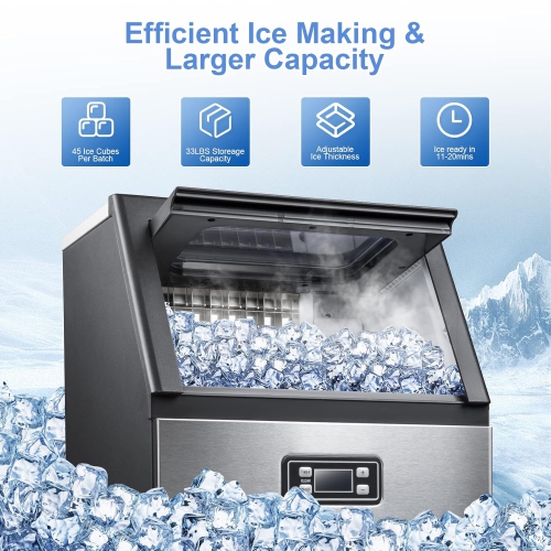 Kismile Commercial Ice Maker Machine, 100Lbs/Day, 45 Cubes/Batch in 11-20 Mins, Stainless Steel Freestanding Ice Maker, Water Inlet Modes for Home -