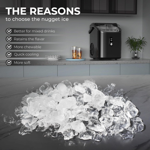 Kismile Nugget Ice Makers Countertop, Portable Sonic, 35Lbs/24H, Pebble Ice Maker with Self-Cleaning/One-Click Operation, Crushed Ice Maker for Home