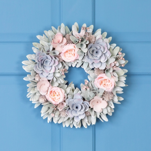 Roses and Thistle Wooden Artificial Floral Spring Wreath - 14"