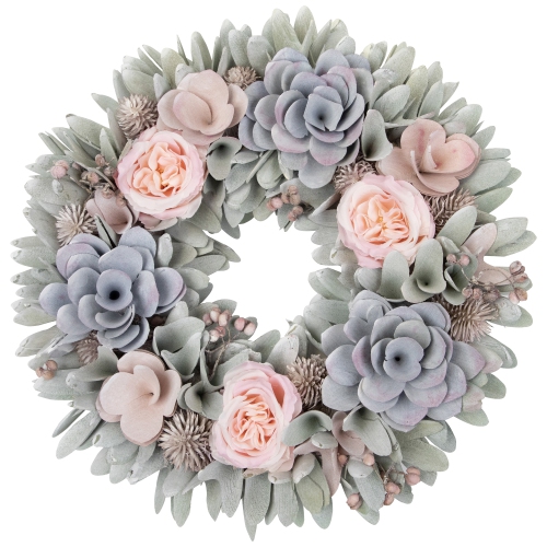 Roses and Thistle Wooden Artificial Floral Spring Wreath - 14"