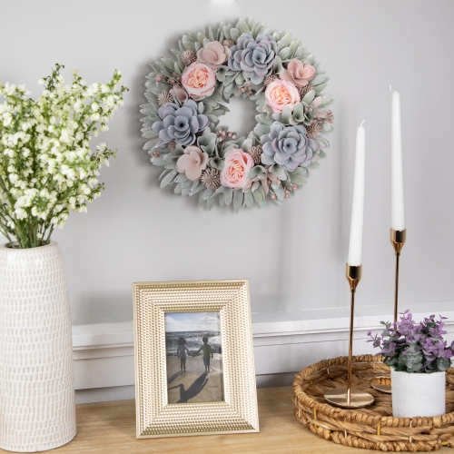 Roses and Thistle Wooden Artificial Floral Spring Wreath - 14"