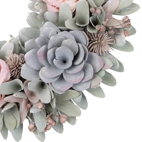 Roses and Thistle Wooden Artificial Floral Spring Wreath - 14"