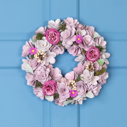 Wooden Floral Artificial Spring Wreath with Dried Foliage - 13.5" - Purple
