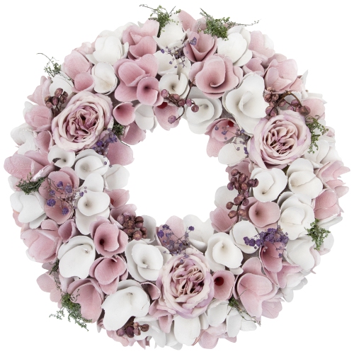 Wooden Floral Artificial Spring Wreath with Berries - 13.5" - Pink and White