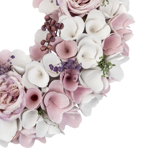 Wooden Floral Artificial Spring Wreath with Berries - 13.5" - Pink and White