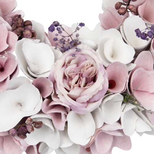 Wooden Floral Artificial Spring Wreath with Berries - 13.5" - Pink and White