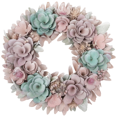 Wooden Floral Artificial Spring Wreath with Thistles - 13.5" - Pink and Blue