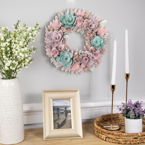 Wooden Floral Artificial Spring Wreath with Thistles - 13.5" - Pink and Blue