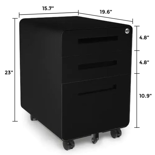 MotionGrey Metal Filing Cabinet with 3 Drawers, Vertical File Cabinet with Lock, Mobile Office Cabinet with Wheels for Legal, Letter, A4 Files - Black