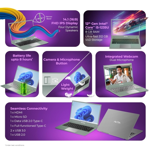 AVITA Liber E 12th Gen Intel core i5 1235U 8GB RAM 512GB SSD 14.1inch FHD IPS Display Windows 11 Home 1.53 Kg Thin&Light,Silver
