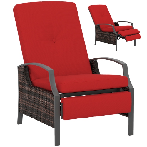 Image 1 de 9.. Fauteuil inclinable extérieur en rotin de polyéthylène Outsunny, chaise longue de patio en osier avec dossier réglable, repose-pieds et coussin
