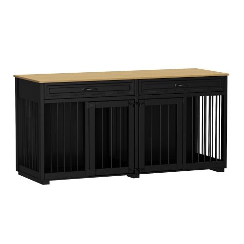 HOMSEE  Elegant Double-Door Dog Crate Cabinet With Two Drawers And Spacious Compartments, (64.6" W X 23.2" D X 31.9" H) In Black