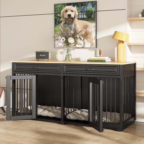 Homsee Elegant Double-Door Dog Crate Cabinet with Two Drawers and Spacious Compartments, Black