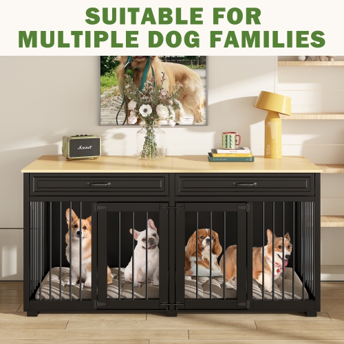 Homsee Elegant Double-Door Dog Crate Cabinet with Two Drawers and Spacious Compartments, Black