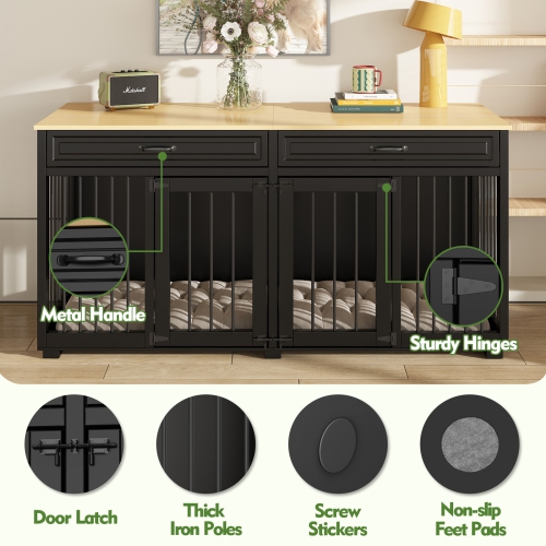 Homsee Elegant Double-Door Dog Crate Cabinet with Two Drawers and Spacious Compartments, Black