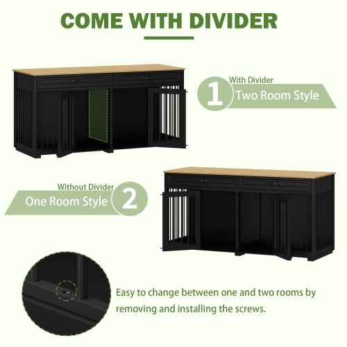 Homsee Elegant Double-Door Dog Crate Cabinet with Two Drawers and Spacious Compartments, Black