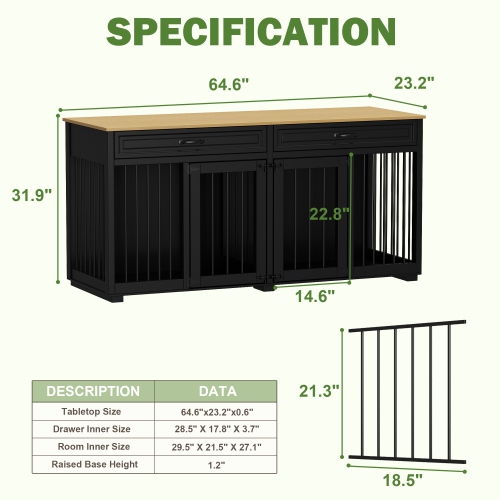 Homsee Elegant Double-Door Dog Crate Cabinet with Two Drawers and Spacious Compartments, Black