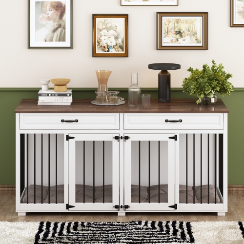 Homsee Large Double-Door Dog Crate Cabinet with Drawers and Spacious Compartments, White