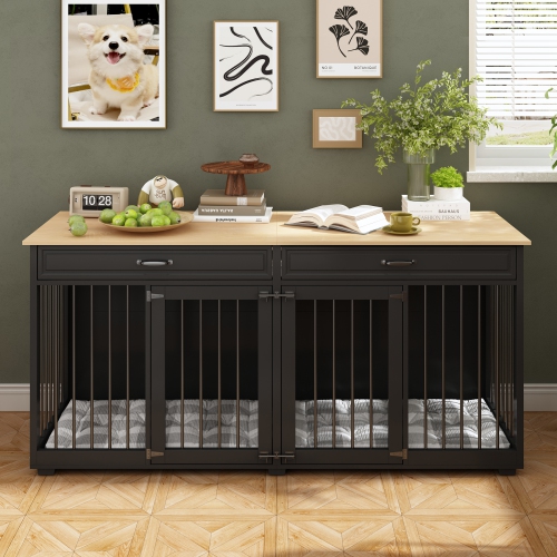 Homsee Large Double-Door Dog Crate Cabinet with Drawers and Spacious Compartments Black