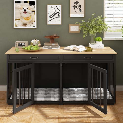 Homsee Large Double-Door Dog Crate Cabinet with Drawers and Spacious Compartments Black