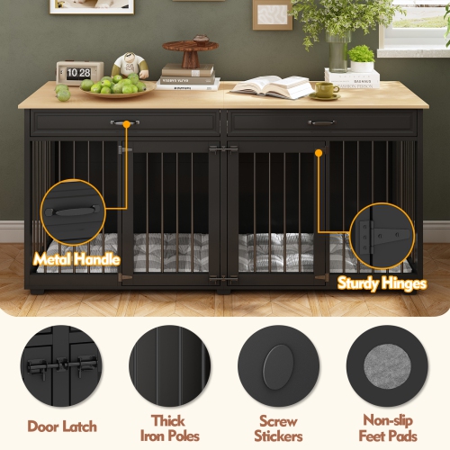 Homsee Large Double-Door Dog Crate Cabinet with Drawers and Spacious Compartments Black