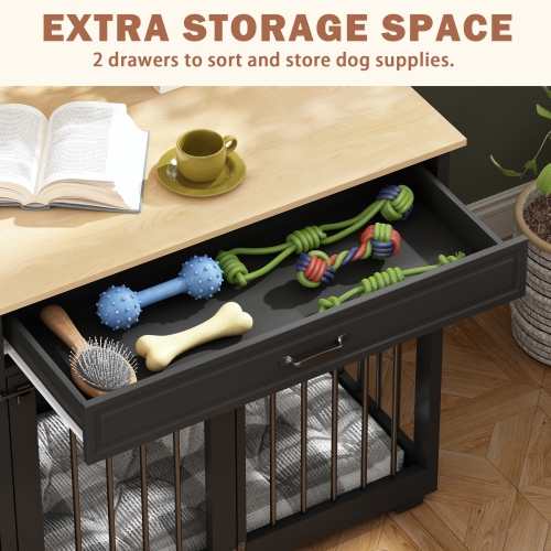 Homsee Large Double-Door Dog Crate Cabinet with Drawers and Spacious Compartments Black