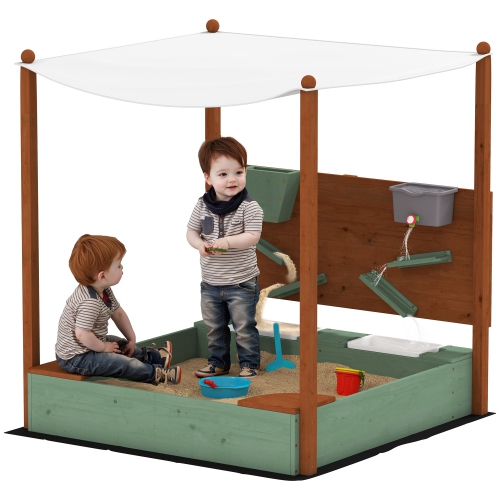 Qaba Kids Sandbox with Canopy, Sand Wall, Bottom Liner, 2 Storage Bins, Kids Outdoor Playset Sand Box for Backyard, Lawn, Garden, Beach, for 3-6 Year