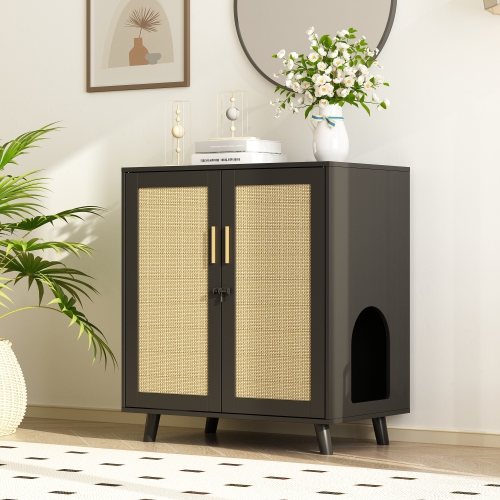 Homsee Modern Cat Litter Box Enclosure Cabinet with Double Doors, Ventilation Holes, and Rattan Design Black and Yellow