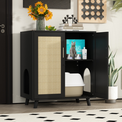 Homsee Modern Cat Litter Box Enclosure Cabinet with Double Doors, Ventilation Holes, and Rattan Design Black and Yellow