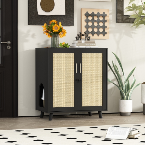 Homsee Modern Cat Litter Box Enclosure Cabinet with Double Doors, Ventilation Holes, and Rattan Design Black and Yellow