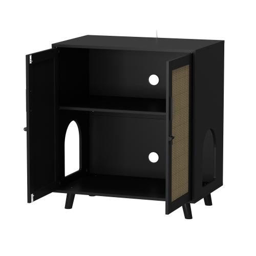 Homsee Modern Cat Litter Box Enclosure Cabinet with Double Doors, Ventilation Holes, and Rattan Design Black and Yellow