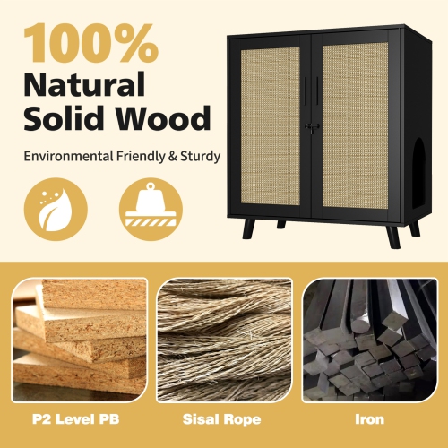 Homsee Modern Cat Litter Box Enclosure Cabinet with Double Doors, Ventilation Holes, and Rattan Design Black and Yellow