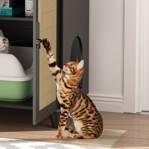 Homsee Modern Cat Litter Box Enclosure Cabinet with Double Doors, Ventilation Holes, and Rattan Design Black and Yellow