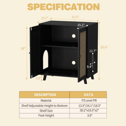 Homsee Modern Cat Litter Box Enclosure Cabinet with Double Doors, Ventilation Holes, and Rattan Design Black and Yellow