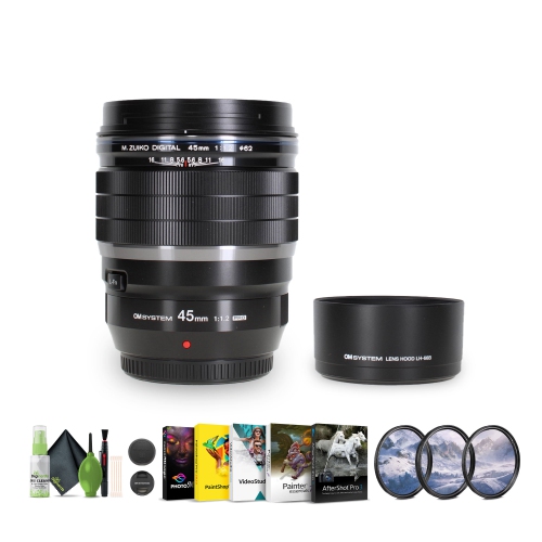 Image 1 of 5.. OM SYSTEM M.Zuiko Digital ED 45mm f/1.2 PRO Lens + 62mm 3 Piece High Resolution Filter Kit + VIVLC4.5 + Cleaning kit + Corel Photo, Video, & Art