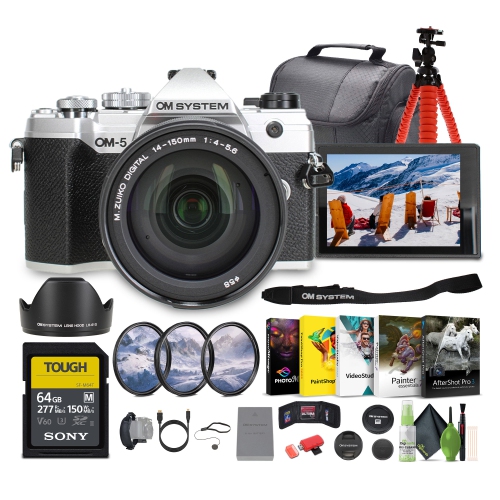 Image 1 of 7.. OM SYSTEM OM-5 Mirrorless Camera with 14-150mm F4-5.6 II lens - Silver + 64GB SF-M Tough Series UHS-II SDXC Memory Card + Professional MC 3 Piece